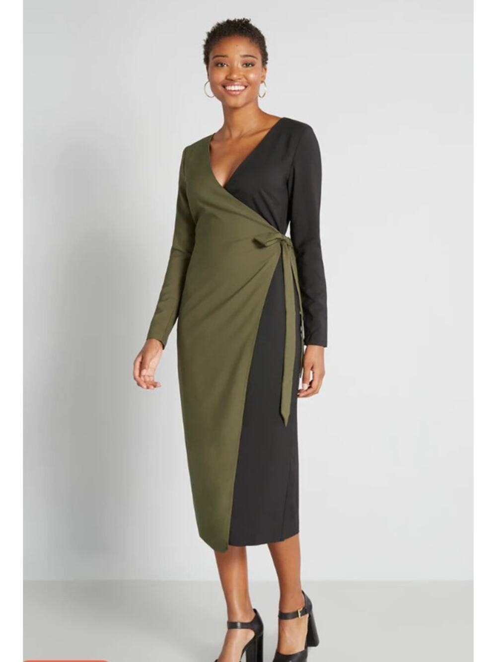 Hutch Modern Precision Midi Wrap Dress Black Green Med Wedding Guest